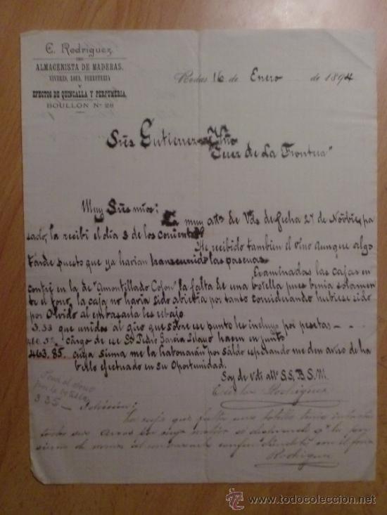 Lettres commerciales: CARTA COMERCIAL. RODAS. GRECIA. ENERO 1894. C. RODRIGUEZ. ALMACENISTA DE MADERAS.