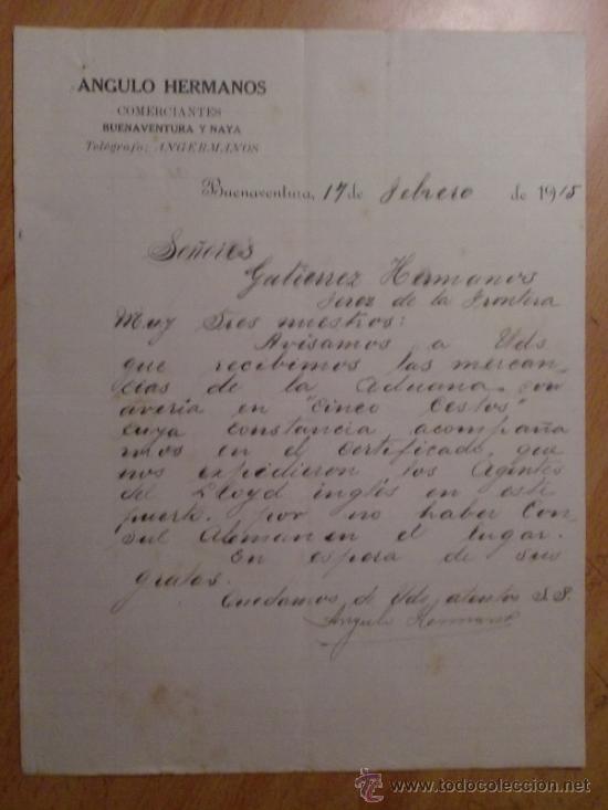 Lettres commerciales: CARTA COMERCIAL. BUENAVENTURA. COLOMBIA. FEBRERO 1915. ANGULO HERMANOS. COMERCIANTES.