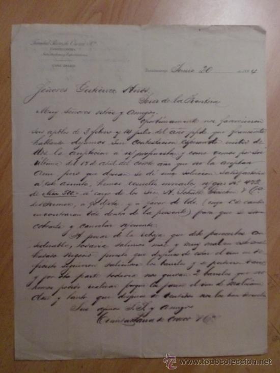 Lettres commerciales: CARTA COMERCIAL. BUCARAMANGA. COLOMBIA. JUNIO 1894. TRINIDAD PARRA DE CROZCO Y CA. COMERCIANTES.