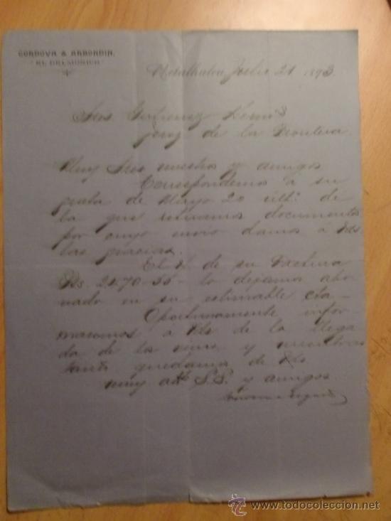 Lettres commerciales: CARTA COMERCIAL. RETALHULEU. GUATEMALA. JULIO 1893. CORDOBA Y ARBONDIN. EL DELMONICO.