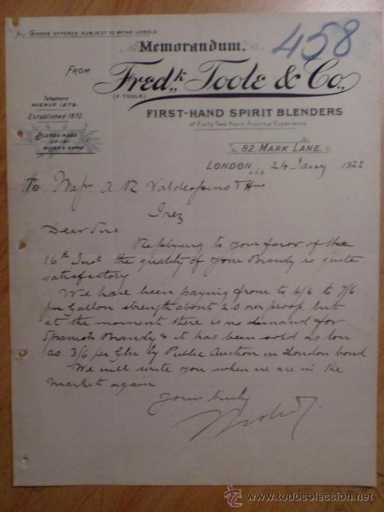 Lettres commerciales: CARTA COMERCIAL. LONDON. G. BRETA&Ntilde;A. ENERO 1922. FRED TOOLE Y CO. FRIST-HAND SPIRIT BLENDERS.