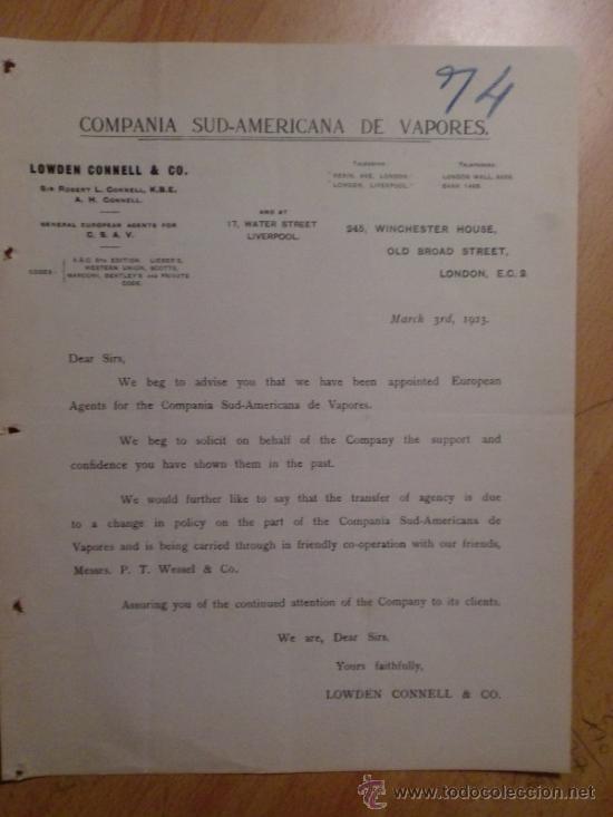 Lettres commerciales: CARTA COMERCIAL. LONDON. G. BRETA&Ntilde;A. MARZO 1923. LOWDEN CONNELL Y CO. CP&Ntilde;IA SUD-AMERICANA DE VAPORES