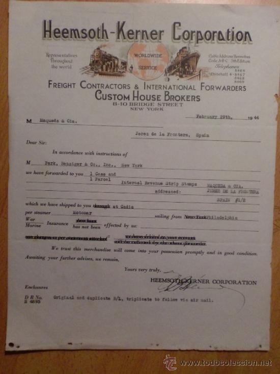 Lettres commerciales: CARTA COMERCIAL. NEW YORK. U. S. A. FEBRERO 1944. HEEMSOTH-KERNER CORPORATION. COUSTOM HOUSE BROKERS