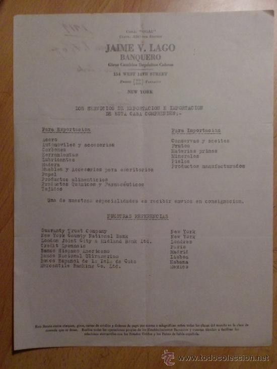 Lettres commerciales: CIRCULAR. NEW YORK. U. S. A. 1919. JAIME V. LAGO. BANQUERO.