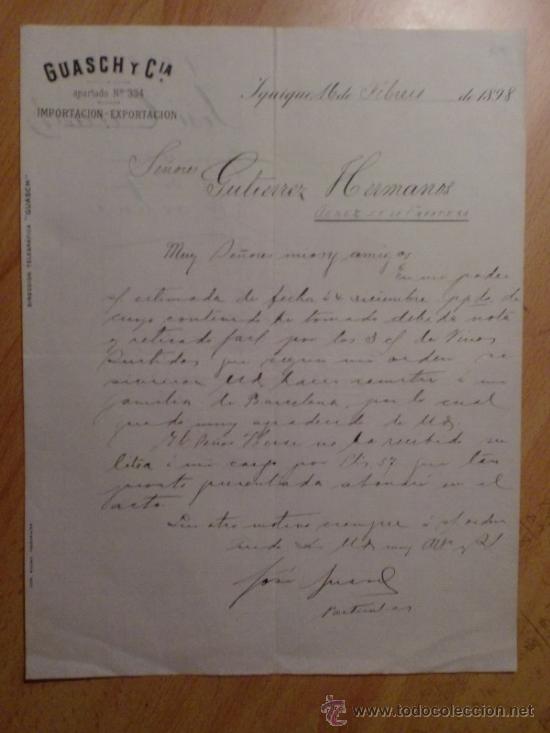 Lettres commerciales: CARTA COMERCIAL. IQUIQUE. CHILE. FEBERO 1898. GUASCH Y CIA. IMPORTACION, EXPORTACION.