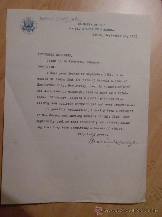 Lettres commerciales: CARTA COMERCIAL. PARIS. FRANCIA. SEPTIEMBRE 1932. EMBASSY OF THE UNITED STATES OF AMERICA.