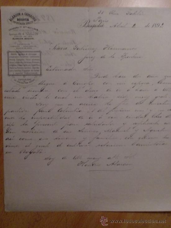 Lettres commerciales: CARTA COMERCIAL. PARIS. FRANCIA. ABRIL 1892. ALARCON Y CAMACHO. IMPORTACION DIRECTA.