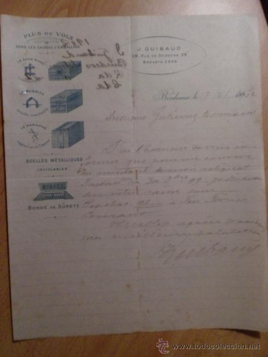 Lettres commerciales: CARTA COMERCIAL. BORDEAUX. FRANCIA. FEBRERO 1902. J. GUIBAUD. PLUS DE VOLS.