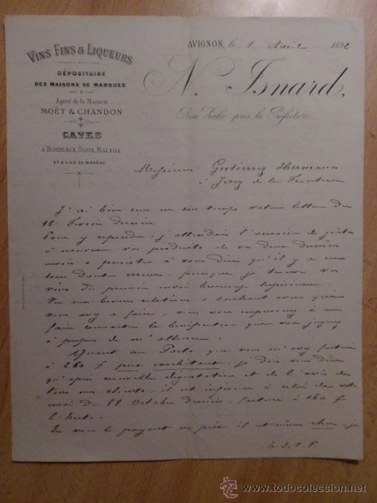 Lettres commerciales: CARTA COMERCIAL. AVIGNON. FRANCIA. ABRIL 1892. N. ISNARDO. VINS FINS Y LIQUEURS.