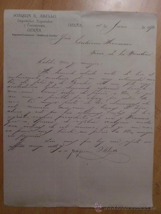 Lettres commerciales: CARTA COMERCIAL. OCA&Ntilde;A, TOLEDO. ESPA&Ntilde;A. JUNIO 1892. JOAQUIN R. ABELLO. IMPORTADOR, EXPORTADOR.
