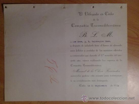 Commercial Letters: CARTA COMERCIAL. CADIZ. ESPA&Ntilde;A. SEPBRE1925. B. L. M. DELEGADO EN CADIZ DE LA CP&Ntilde;IA TRANSMEDITERRANEA