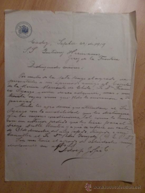 Commercial Letters: CARTA COMERCIAL. CADIZ. ESPA&Ntilde;A. SEPTIEMBRE 1919. CONSULADO DE CHILE EN CADIZ.