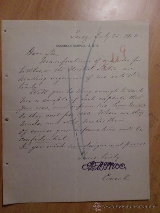 Commercial Letters: CARTA COMERCIAL. JEREZ. CADIZ. ESPA&Ntilde;A. JULIO 1904. CONSULAR SERVICE, U. S. A.