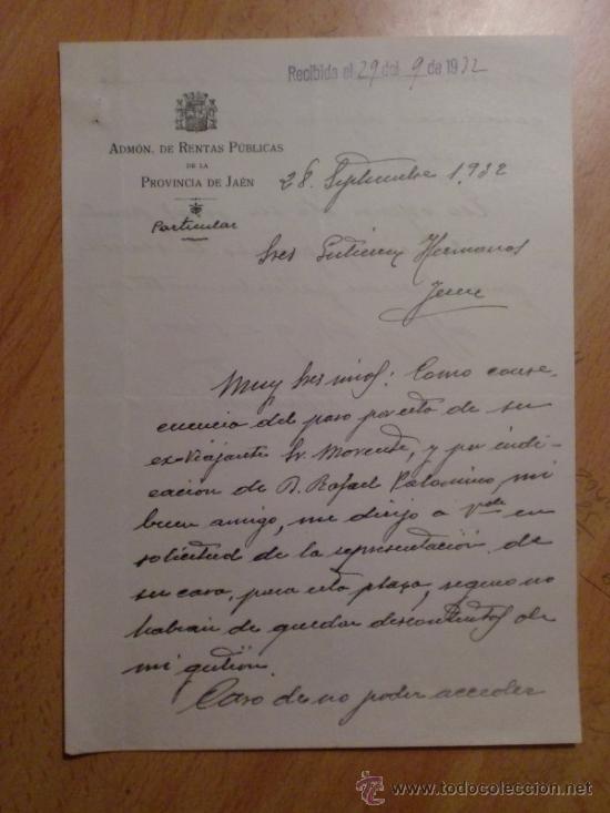 Commercial Letters: CARTA COMERCIAL. JAEN. ESPA&Ntilde;A. SEPTIEMBRE 1932. ADMON, DE RENTAS PUBLICAS DE LA PROVINCIA DE JAEN.