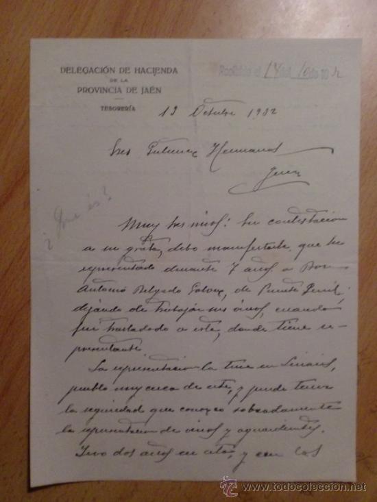 Commercial Letters: CARTA COMERCIAL. JAEN. ESPA&Ntilde;A. OCTUBRE 1932. ADMON, DE RENTAS PUBLICAS DE LA PROVINCIA DE JAEN.