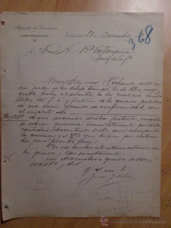 Lettres commerciales: CARTA COMERCIAL. VALLADOLID. ESPA&Ntilde;A. DICIEMBRE 1913. ARRIENDO DE CONSUMOS, ADMINISTRACION.