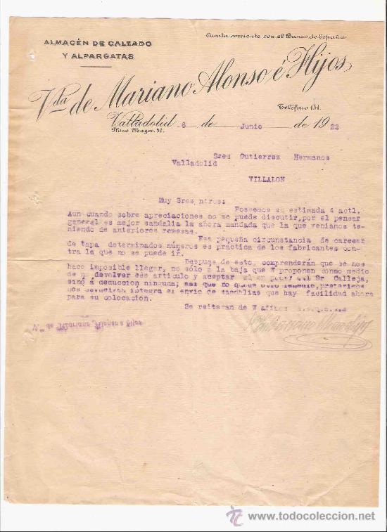 Lettres commerciales: ESPA&Ntilde;A. VALLADOLID. CARTA. VIUDA DE MARIANO ALONSO E HIJOS. ALMACEN DE CALZADO Y ALPARGATAS. 1922.