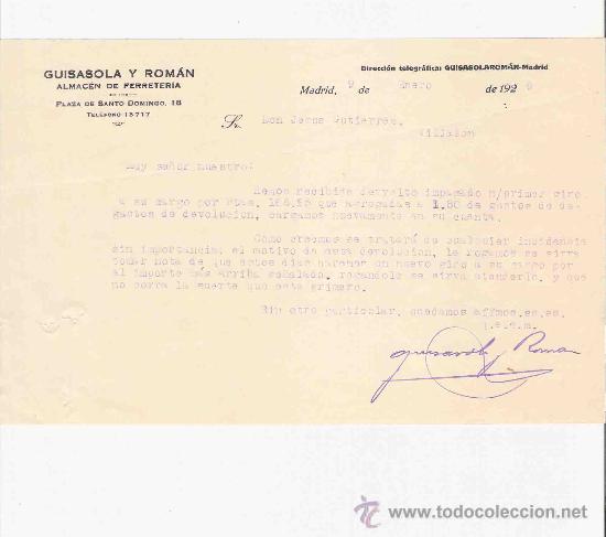 Lettres commerciales: ESPA&Ntilde;A. MADRID. CARTA. GUISASOLA Y ROMAN. ALMACEN DE FERRETERIA. 1929.