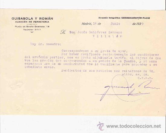 Lettres commerciales: ESPA&Ntilde;A. MADRID. GUISASOLA Y ROMAN. ALMACEN DE FERRETERIA. 1929.