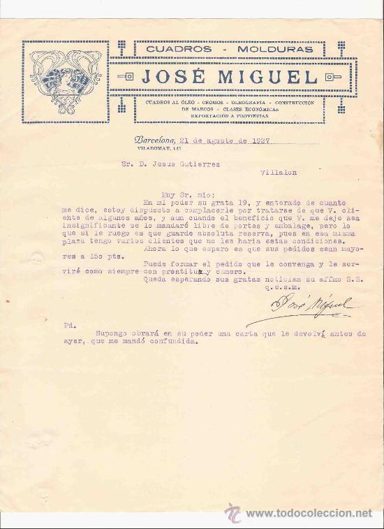 Commercial Letters: ESPA&Ntilde;A. BARCELONA. CARTA. JOSE MIGUEL. CUADROS- MOLDURAS. 1927.