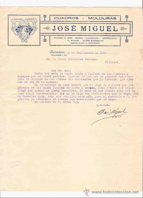 Commercial Letters: ESPA&Ntilde;A. BARCELONA. CARTA. JOSE MIGUEL. CUADROS- MOLDURAS. 1927.