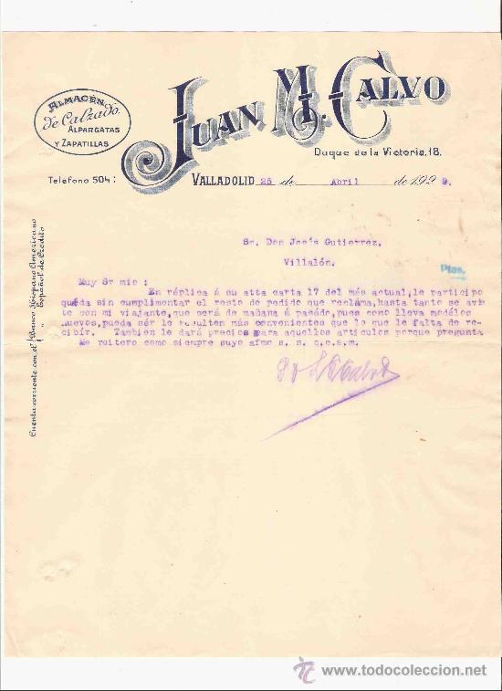 Commercial Letters: ESPA&Ntilde;A. VALLADOLID. CARTA. JUAN M. CALVO. ALMACEN DE CALZADO ALPARGATAS Y ZAPATILLAS. 1929.