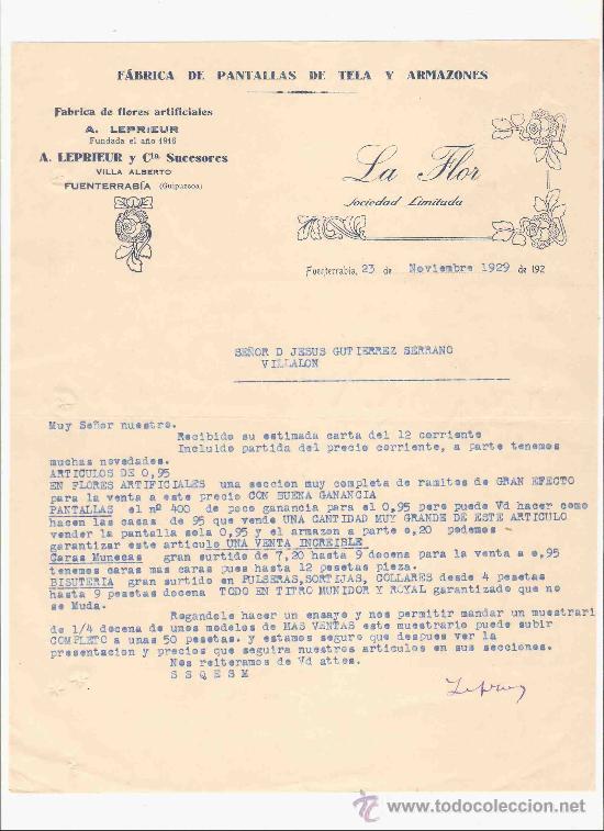 Commercial Letters: ESPA&Ntilde;A. GUIPUZCOA. CARTA. A. LEPRIEUR Y CIA SUCESORES. FABRICA DE FLORES ARTIFICIALES. 1929.