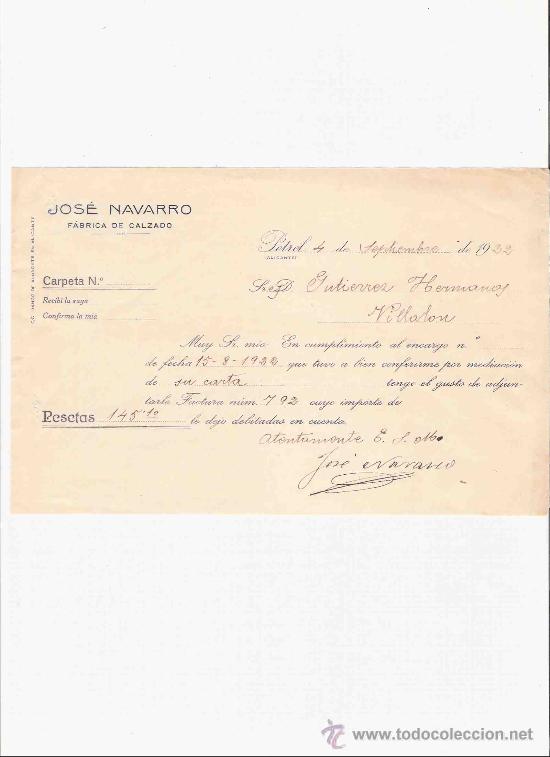 Lettere commerciali: ESPA&Ntilde;A. PETREL. ALICANTE. CARTA. JOSE NAVARRO. FABRICA DE CALZADO. 1922.