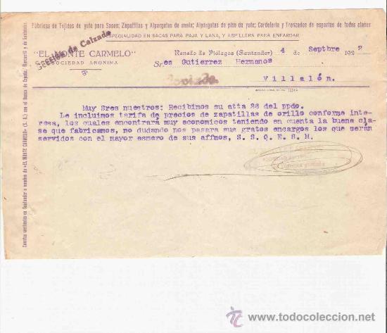 Gesch&auml;ftsbriefe: ESPA&Ntilde;A. SANTANDER. CARTA. EL MONTE CARMELO. S.A. SECCION DE CALZADO. FABRICAS. 1922.