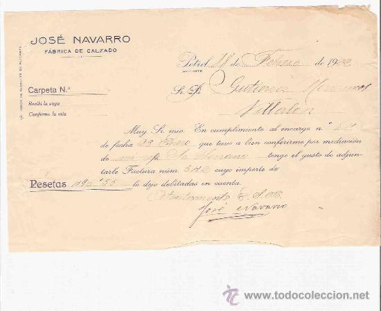 Gesch&auml;ftsbriefe: ESPA&Ntilde;A. PETREL. ALICANTE. CARTA. JOSE NAVARRO. FABRICA DE CALZADO. 1922.