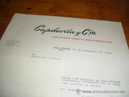 Lettres commerciales: ACEITES JABONES BEBIDAS CARBONICAS VINOS, CAPDEVILA Y CIA. MOLLERUSA LERIDA.