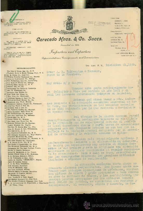Gesch&auml;ftsbriefe: CARTA COMERCIAL. CERECEDO HNOS. & CO. SUCS. IMPORTERS, EXPORTERS. SAN JUAN, PUERTO RICO. 1920.