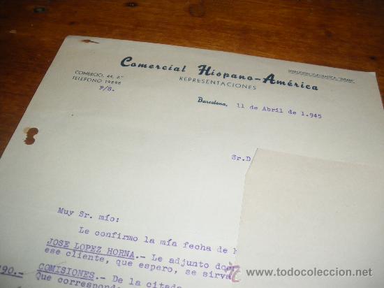 Cartas comerciales: COMERCIAL HISPANO AMERICANA, HISAM. REPRESENTACIONES. BARCELONA 1945.