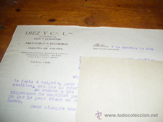 Cartas comerciales: DIEZ Y CIA LTDA, SUCESORES DE DIEZ Y SENOSIAIN. IMPORTADORES, AGENTES DE ADUANA. BILBAO 1950.