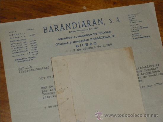 Cartas comerciales: BARANDIARAN, GRANDES ALMACENES DE DROGAS. BILBAO 1950.