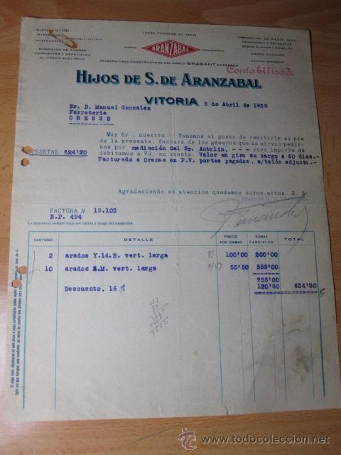Gesch&auml;ftsbriefe: VITORIA - 1935 - FACTURA HIJOS DE ARANZABAL A ORENSE - FOLIO - ARADOS