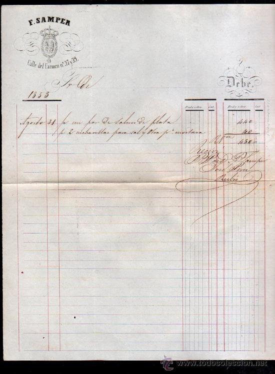Cartas comerciales: SEVILLA. FACTURA RELOJERIA F. SAMPER. CALLE DEL CARMEN 37 - 39. 1853