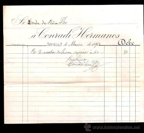 Lettere commerciali: SEVILLA. FACTURA CONRADI HERMANOS. 1880. CONDE DE PE&Ntilde;AFLOR