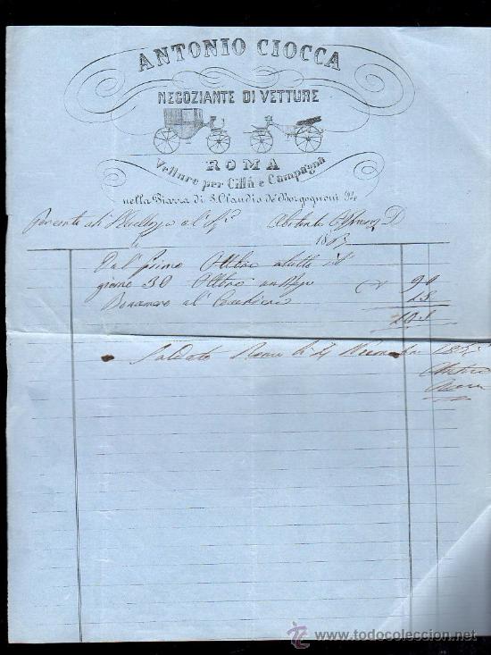 Lettere commerciali: ROMA. FACTURA DE DISTRIBUIDORA DE COCHES ANTONIO CIOCCA. 1884