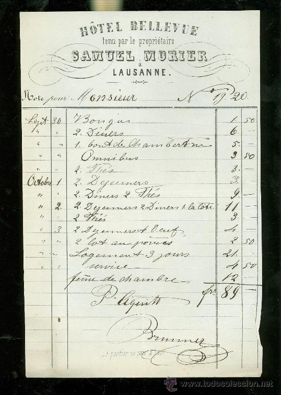 Lettere commerciali: LAUSANNE, SUIZA. FACTURA HOTEL BELLEVUE, SAMUEL MORIER