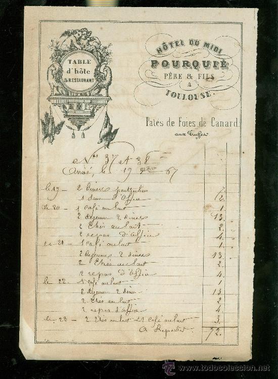 Cartas comerciales: TOULOUSE, FRANCIA. FACTURA HOTEL DU MIDI  1867