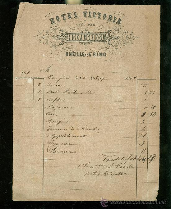 Cartas comerciales: SAN REMO, ITALIA. FACTURA HOTEL VICTORIA 1868