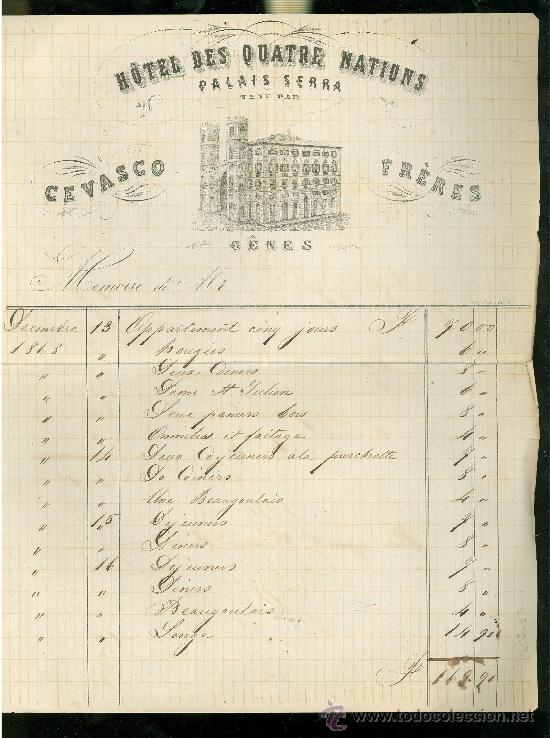 Cartas comerciales: GENES. FACTURA HOTEL DES QUATRE NATIONS