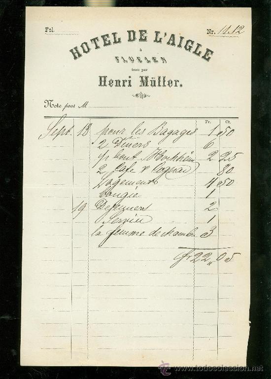 Cartas comerciales: FRANCIA. FACTURA HOTEL DE L'AIGLE, HENRI MULLER