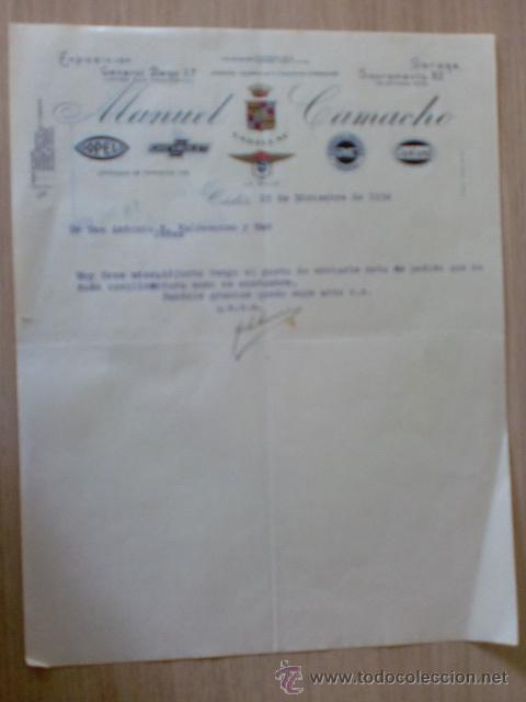 Cartas comerciales: CARTA COMERCIAL. ESPA&Ntilde;A. CADIZ. DICIEMBRE 1934. MANUEL CAMACHO. CONCESIONARIO VARIAS MARCAS.