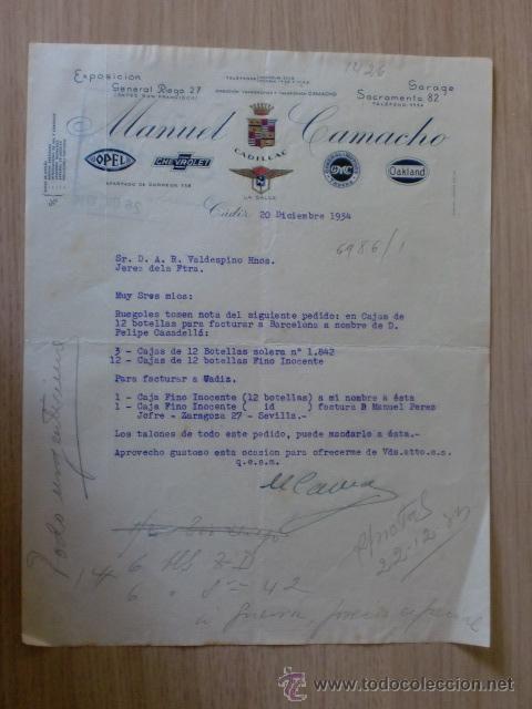 Cartas comerciales: CARTA COMERCIAL. ESPA&Ntilde;A. CADIZ. DICIEMBRE 1934. MANUEL CAMACHO. CONCESIONARIO VARIAS MARCAS.
