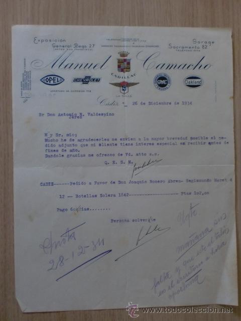 Cartas comerciales: CARTA COMERCIAL. ESPA&Ntilde;A. CADIZ. DICIEMBRE 1934. MANUEL CAMACHO. CONCESIONARIO VARIAS MARCAS.