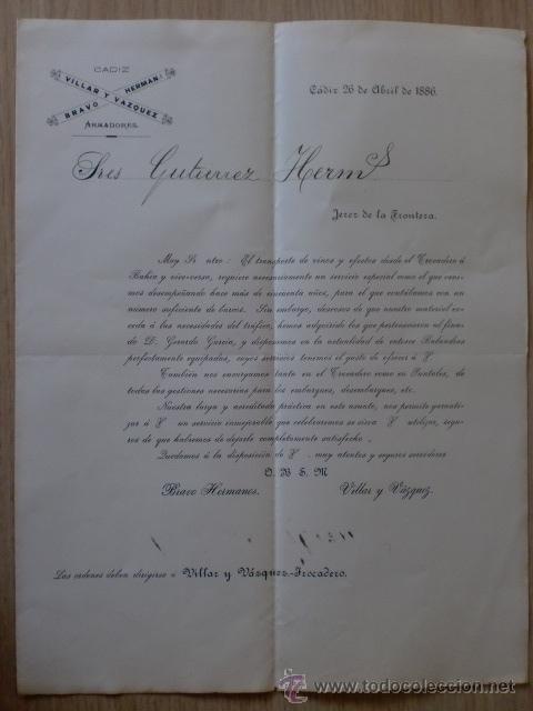 Cartas comerciales: CARTA COMERCIAL. ESPA&Ntilde;A. JEREZ. ABRIL 1886. VILLAR Y VAZQUEZ, BRAVO HERMANOS. ARMADORES.