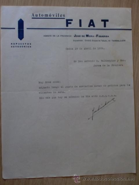 Cartas comerciales: CARTA COMERCIAL. ESPA&Ntilde;A. CADIZ. ABRIL 1934. JOSE DE MORA-FIGUEROA. AUTOMOVILES FIAT.
