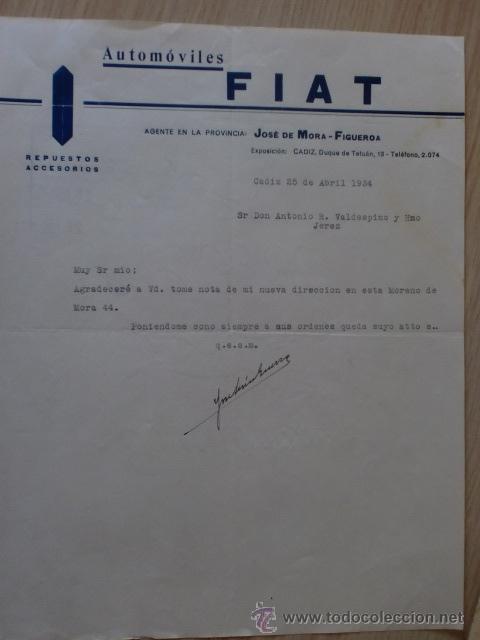 Cartas comerciales: CARTA COMERCIAL. ESPA&Ntilde;A. CADIZ. ABRIL 1934. JOSE DE MORA-FIGUEROA. AUTOMOVILES FIAT.